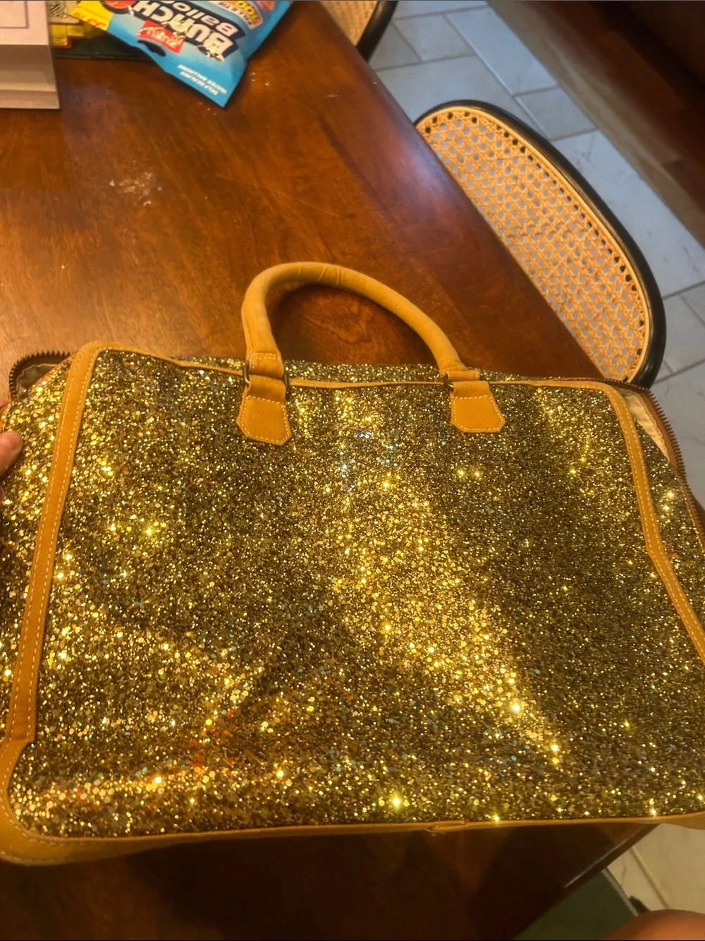 Crewcuts Gold Glitter Tote with Tan Trim